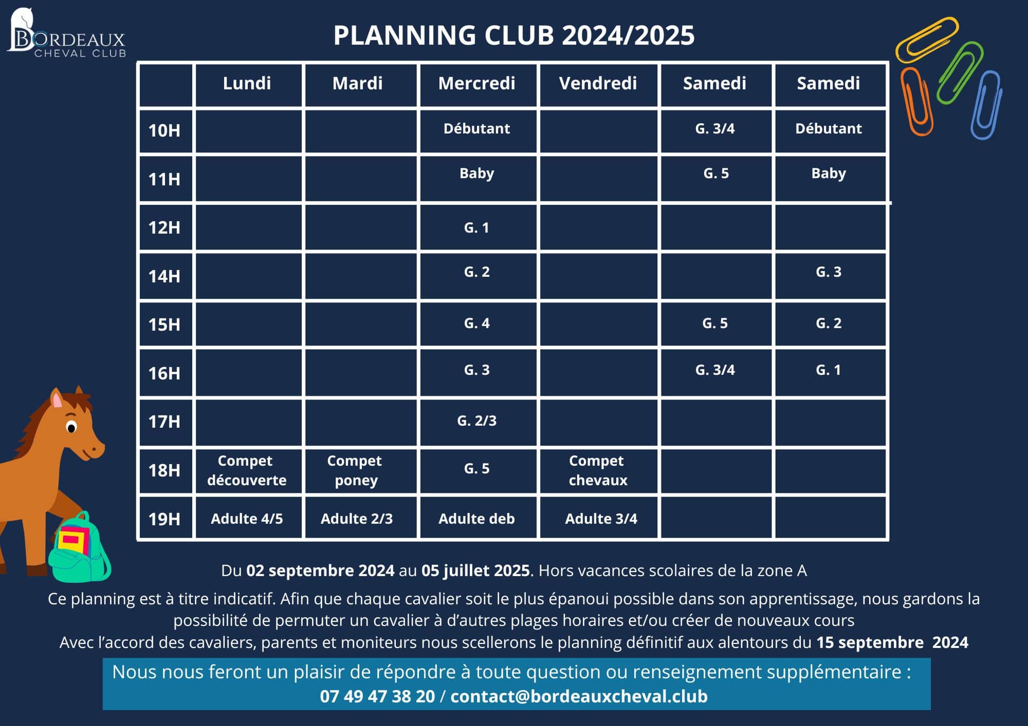 Planning de cours pour l'année 2024/2025 du Bordeaux Cheval CLub